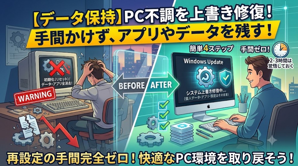 【データ保持】PCのフリーズ・再起動ループは「Windows Update」で修復できる！アプリや設定を残したままシステムを上書きする方法
